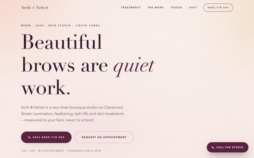 Demo website we built for a beauty and brow studio — Arch & Velvet