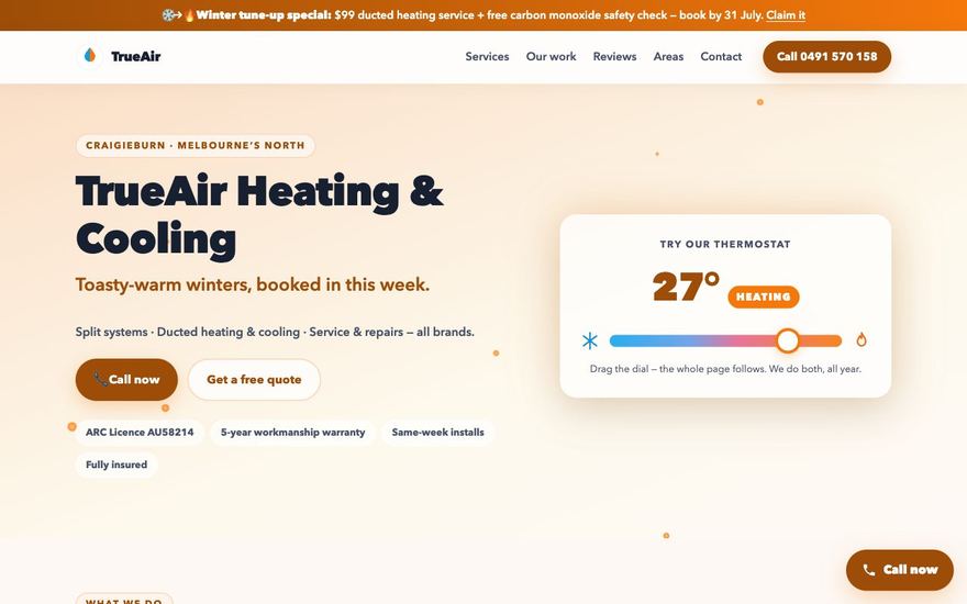 Demo website we built for a heating and cooling business — TrueAir