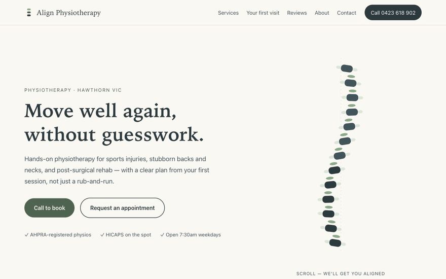 Demo website we built for a physiotherapy clinic — Align Physiotherapy