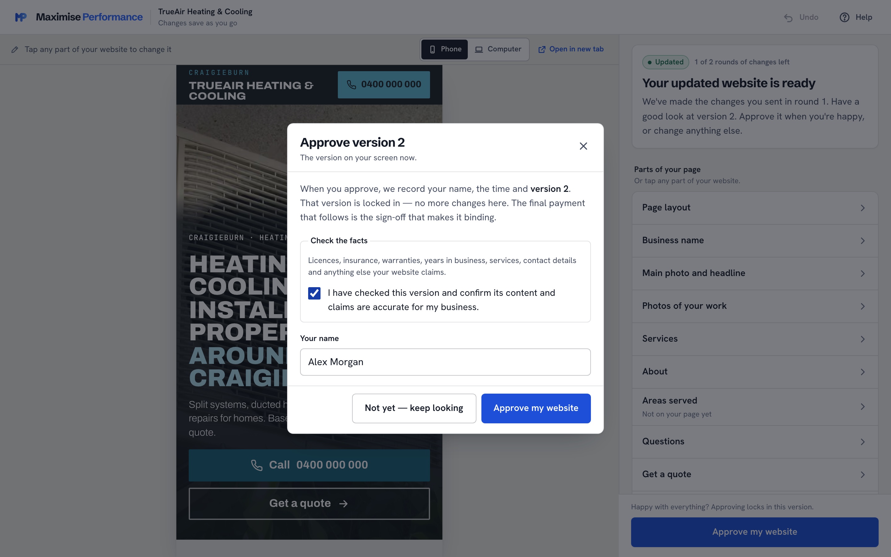 The approve step: check the facts, type your name, Approve my website