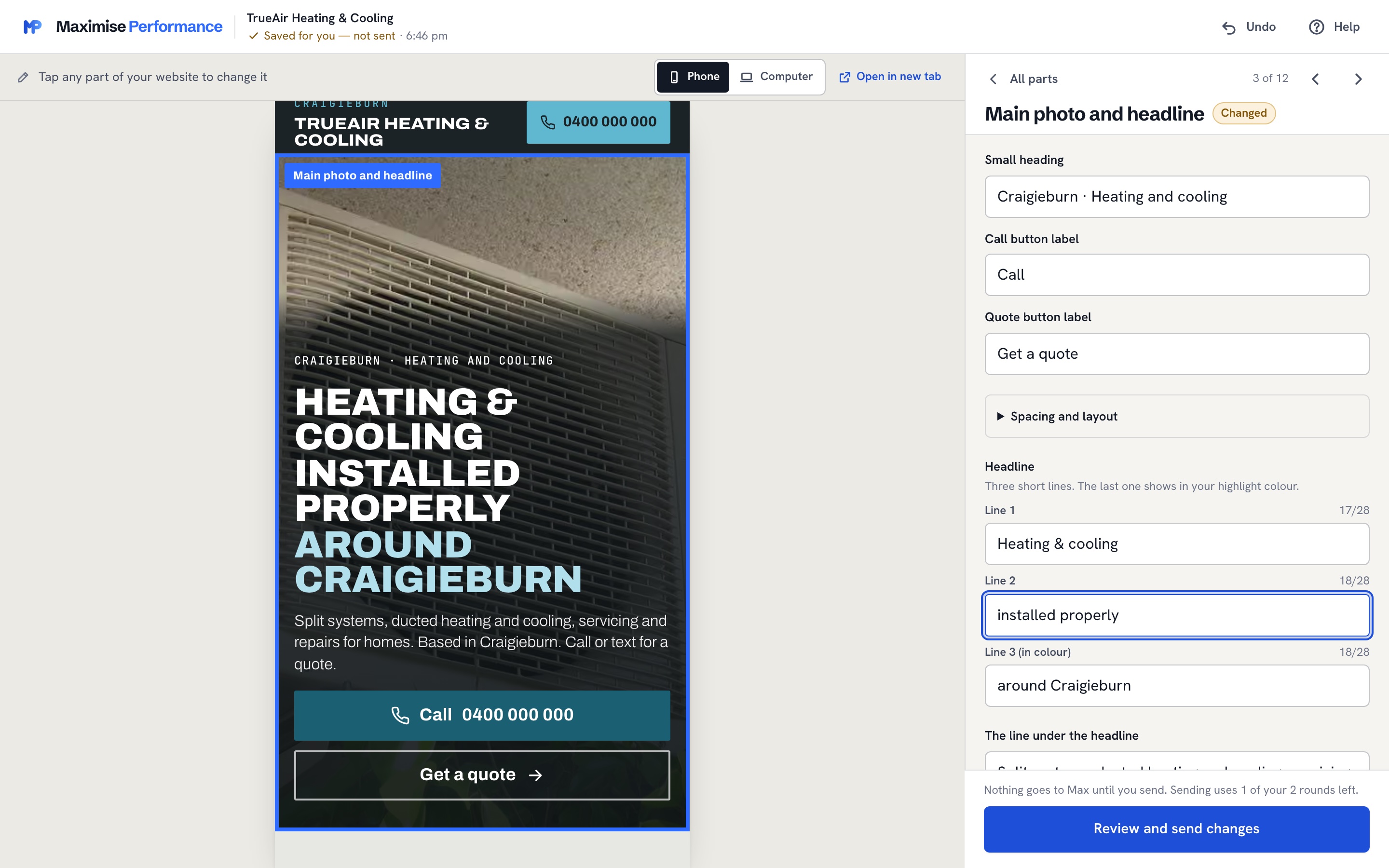 The change page: the website on the left, its headline being edited on the right