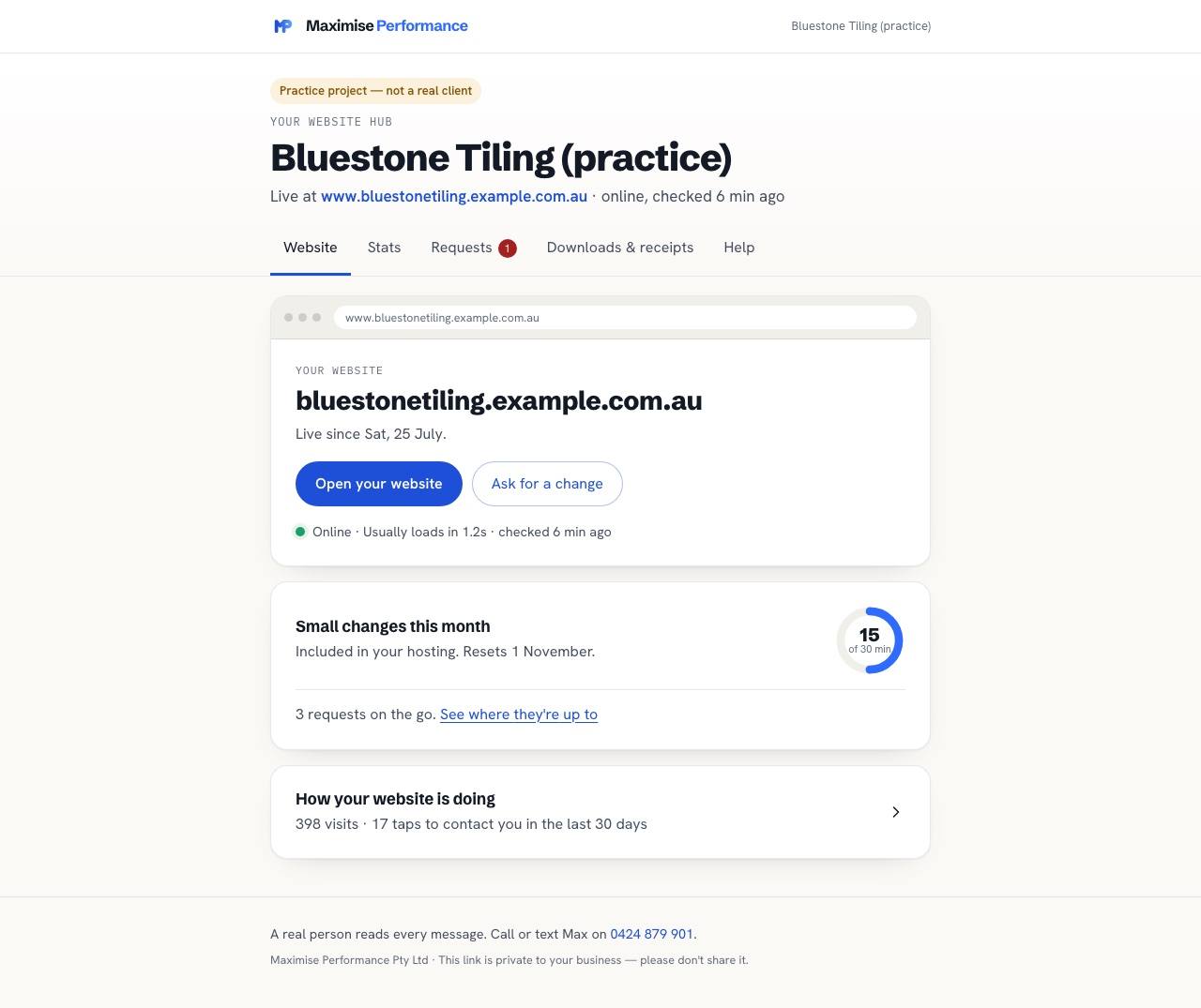 Your hub: your website's address and status, Ask for a change, and how much of this month's 30 minutes of small changes is left