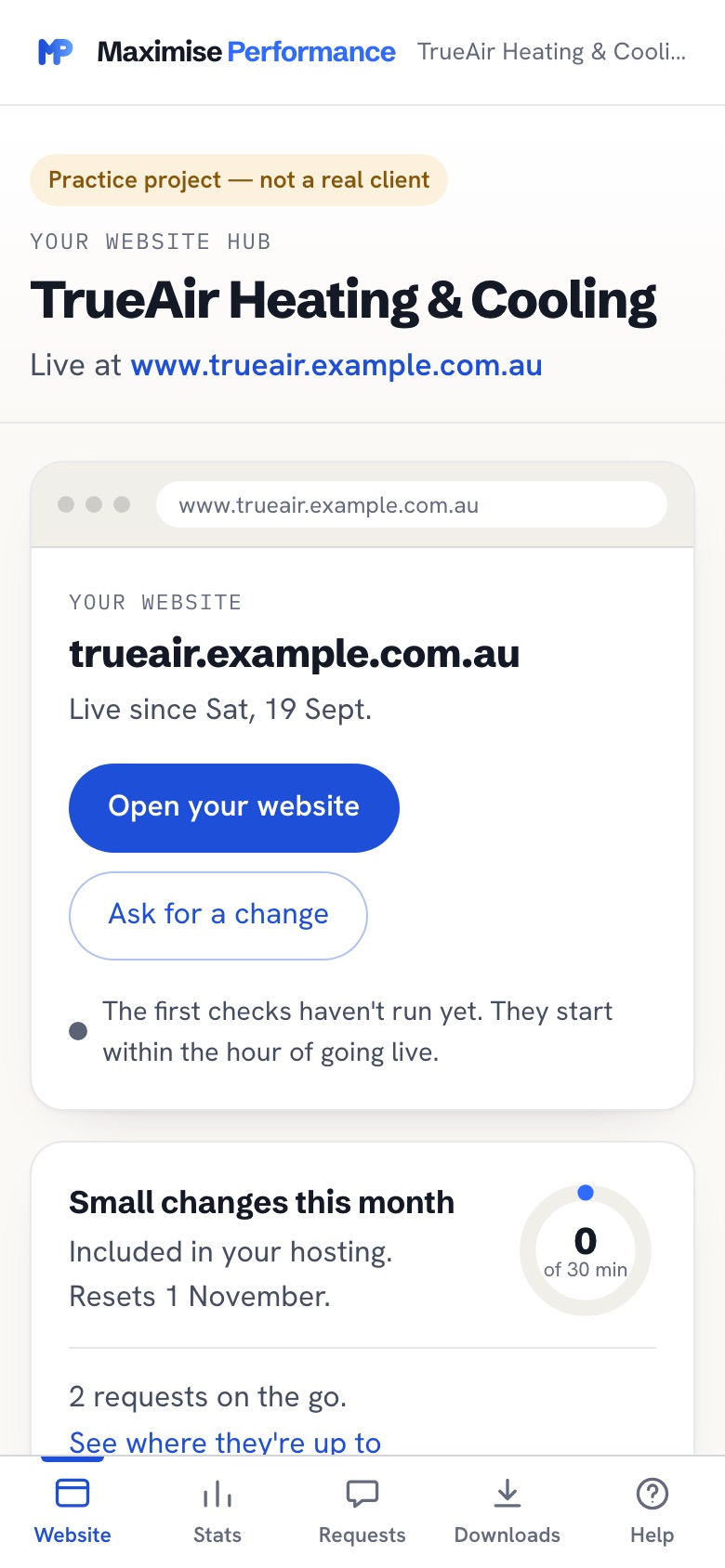 The client hub on a phone: open your website, ask for a change