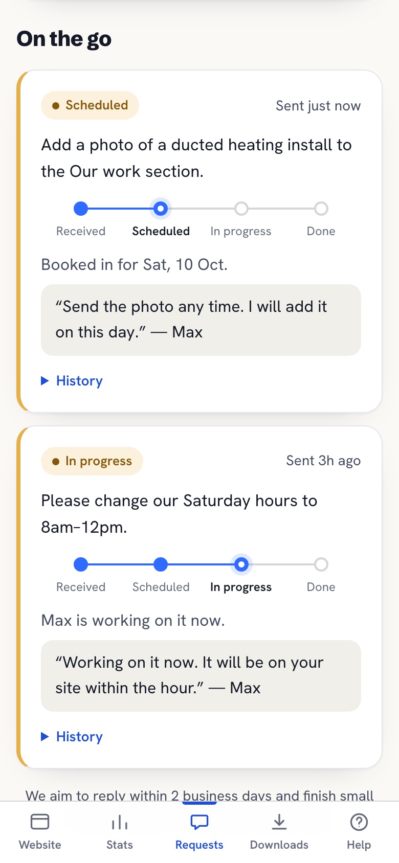 The hub's requests: each change you've asked for and where it's up to