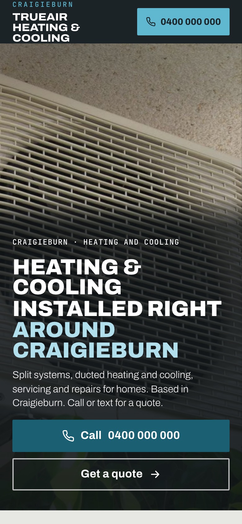 A finished website for a heating and cooling business, on a phone